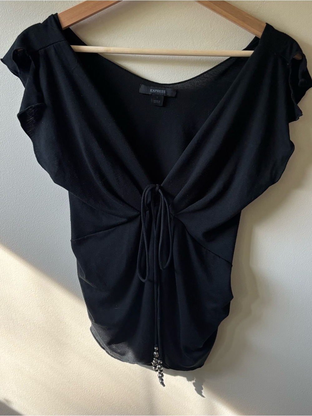 Express Black Flowy Blouse with Beaded Tie